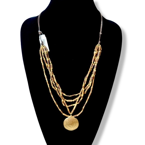 JJill Wooden Bead Multi Strand Gold Medallion Necklace - Picture 7 of 7